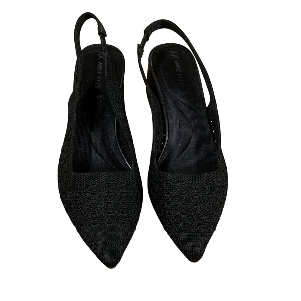 Anne Klein iFlex Black Genetta Knit Pointed Toe Slingback Block Heel Pumps 7.5